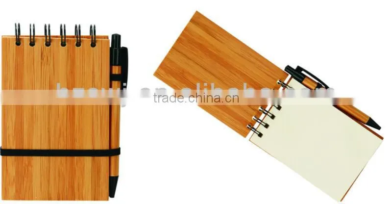 Wooden cover spiral notebook 70grams 70sheets 9*14cm with elasticity with recycle paper pen