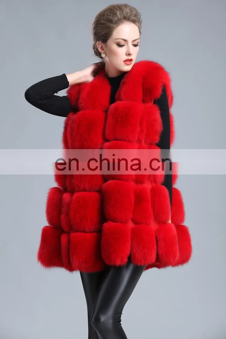 2015 New Style Whole Leather Real Fox Fur Hood Long Style Vest Girl Gilet Beautiful Women Vest