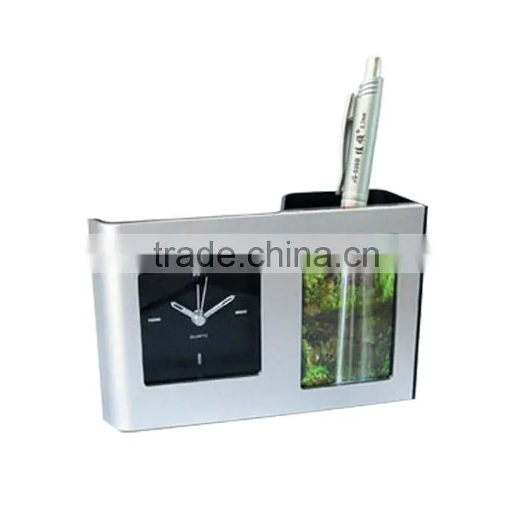 analog clock with photo frame and pen holder