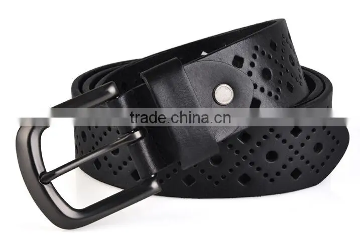 Black col of 38mm width cutout design for man's genuine leather belt