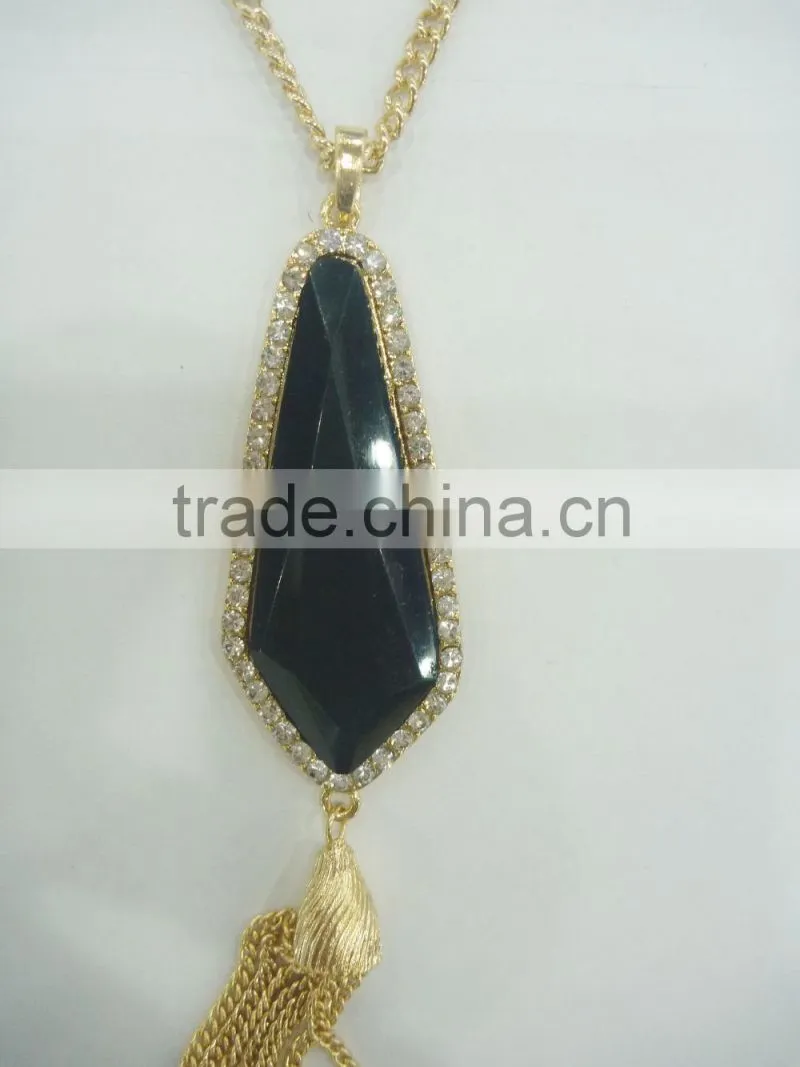 FASHION BIG STONE PENDANT NECKLACE EARRING SET WITH CHAIN TASSEL