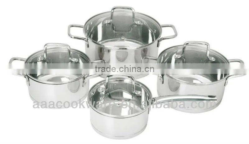 8Pcs Geman Technologic Capsule bottom China Stainless Steel Cookware Set,glass lid kitchenware pots and pans
