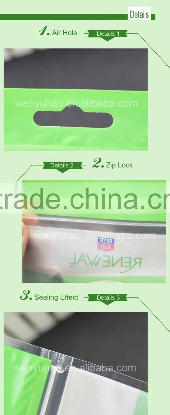 high quality factory wholesale PET+CPP 2 layers lamination header spa bath pillow packingbag with hanging hole