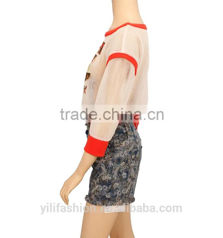 latest designer lady transparent blouse printed mesh tops for woman