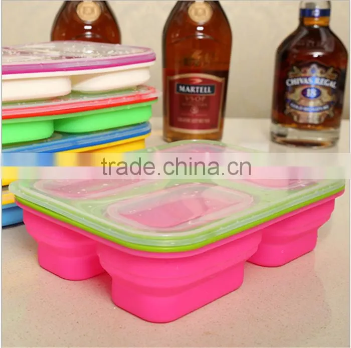 3-compartment Food Container,Lunch Box, Leak Proof,Microwave Safe,Silicon Collapsible Lunch Box,Tray with Lid silicone lunch box