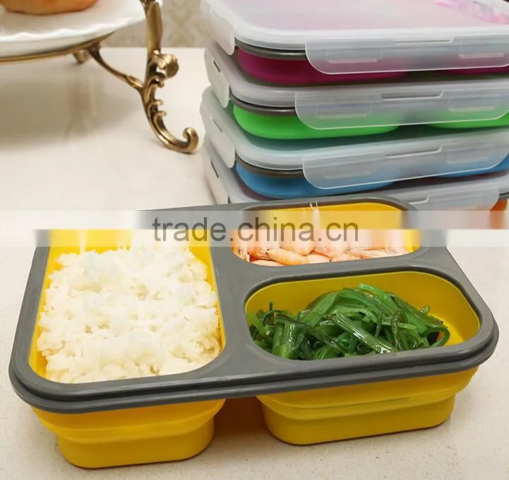 2016 FDA & LFGB standard silicone lunch box with fox and spoon,Wholesale Plastic 3-Compartment silicone lunch box