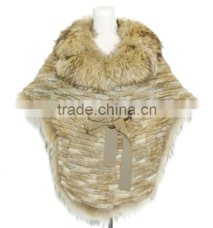 Women bat-shawl style rabbit fur shawl with raccoon fur collar,KZ14127