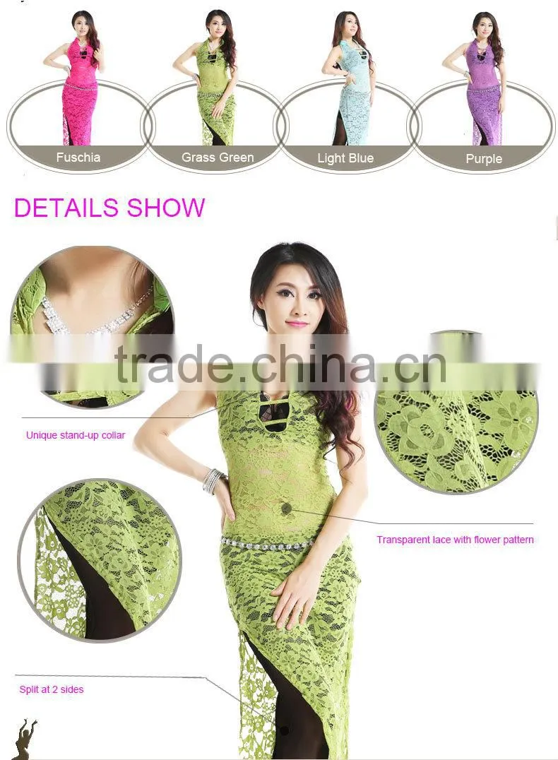 Sexy High Elastic Lace Belly Dance Dress Costume in 4 bright colors for Belly Dance Practice in Autumn and Winter