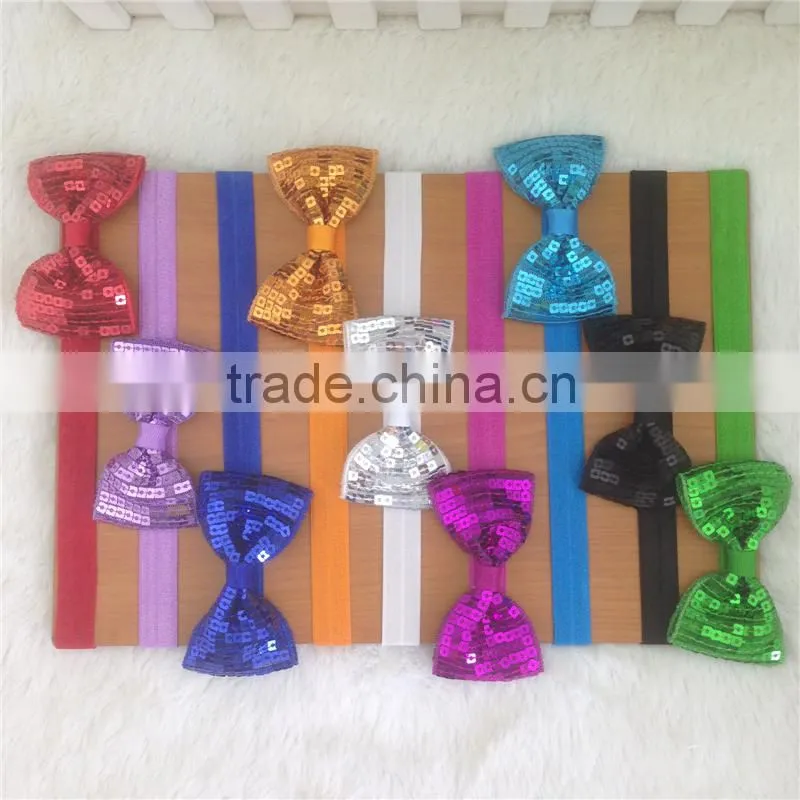 New Arrival 3inch Sequin Hair Bows Sequin Bows With Elastic Baby Headband for Baby Girls Hairband for Headwear in Stock