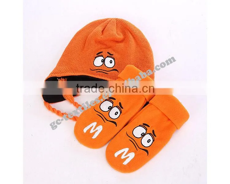 2015 new product china alibaba manufacturer CUSTOM LOGO OEM winter acrylic baby cartoon warm winter set beanie hat gloves