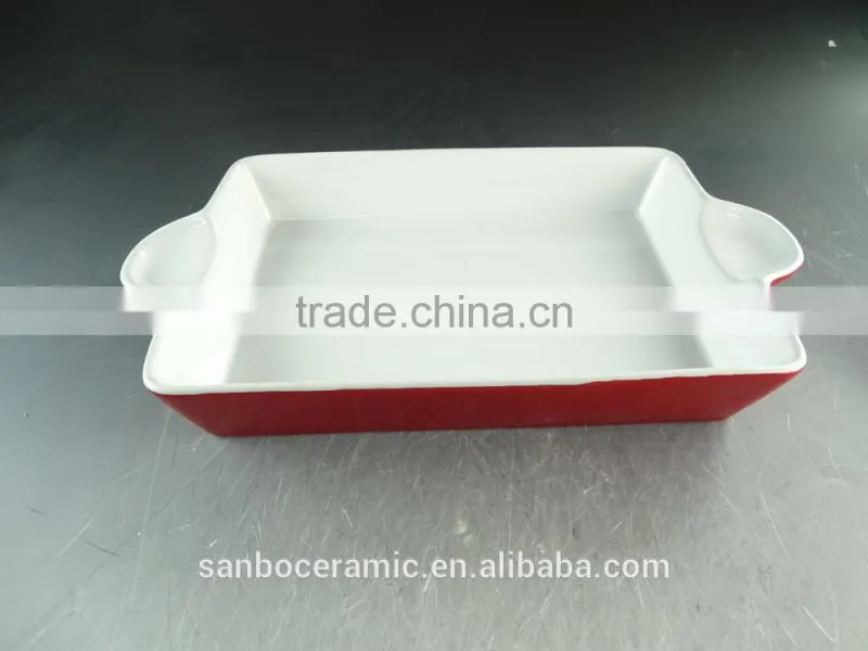 Red color glazed ceramic bakeware bake plate with handles in stock for wholesale