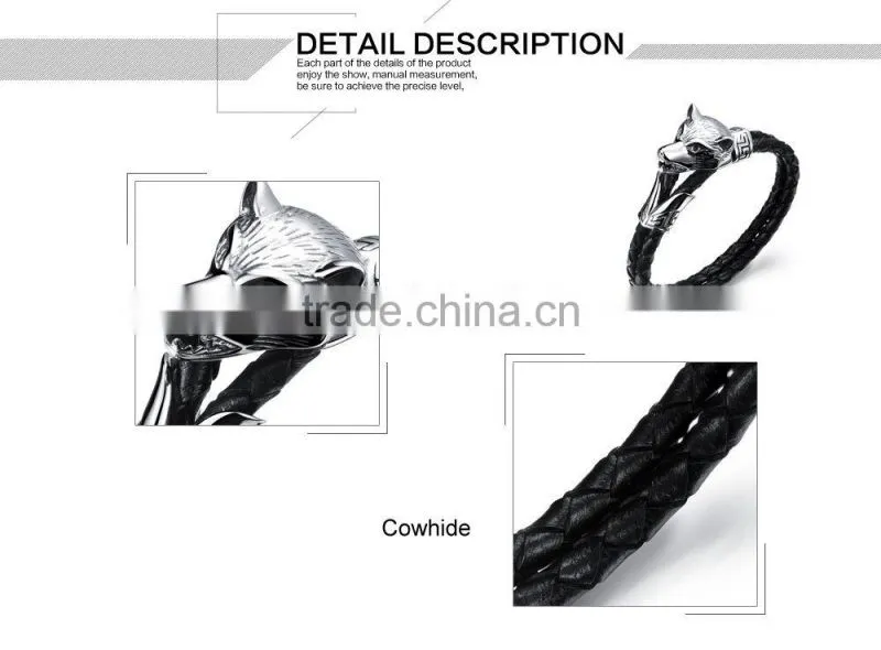 Men Stainless Steel Wolf bracelet , Braided Black Leather Bracelet