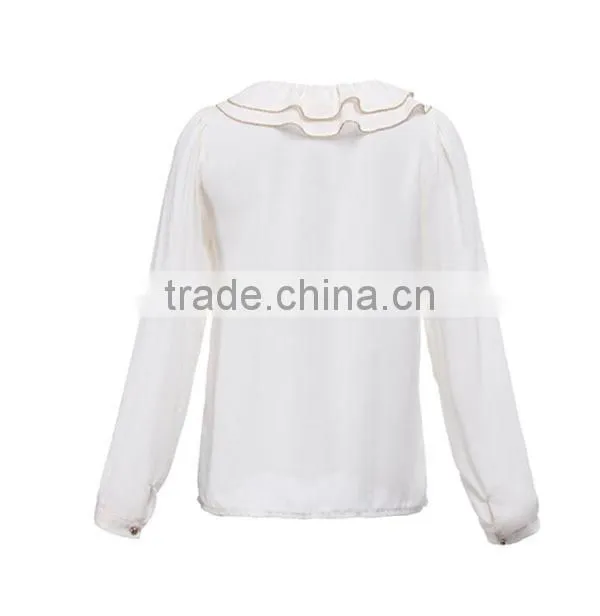 2014 fashion polyester long sleeves ruffle neck direct manufacturer high quality girls sleeveless blouse
