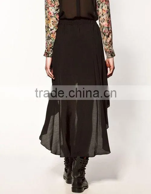 hot selling plain black skirt casual chiffon skirt short front and long back skirts