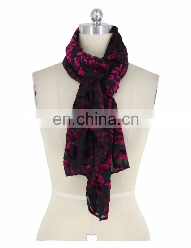 Black Burgundy Burnt Out Flower Pattern Velvet Silk Scarf For Muslin Hijab Ladies Scarves