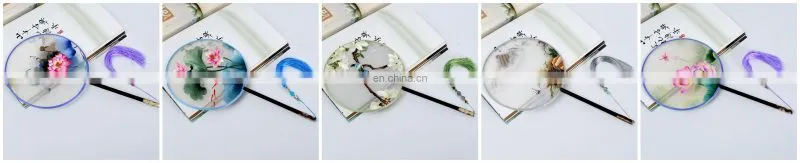 Chinese style multi-pattern silk embroidery dual-faced handmade round fan with long handle and tassel pendant(19*37cm)