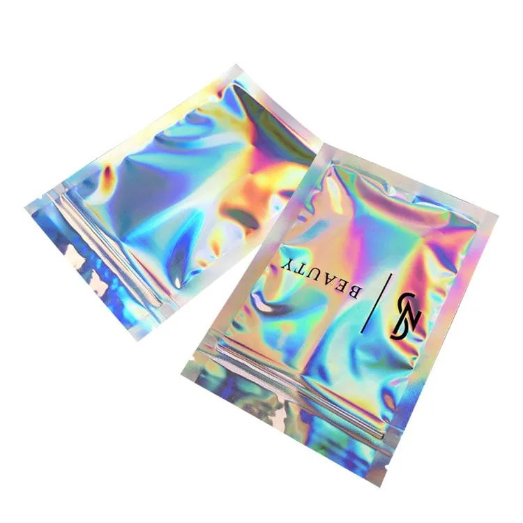 Custom logo zipper holographic cosmetic packaging bags / holographic pouches for eyeshadow packaging