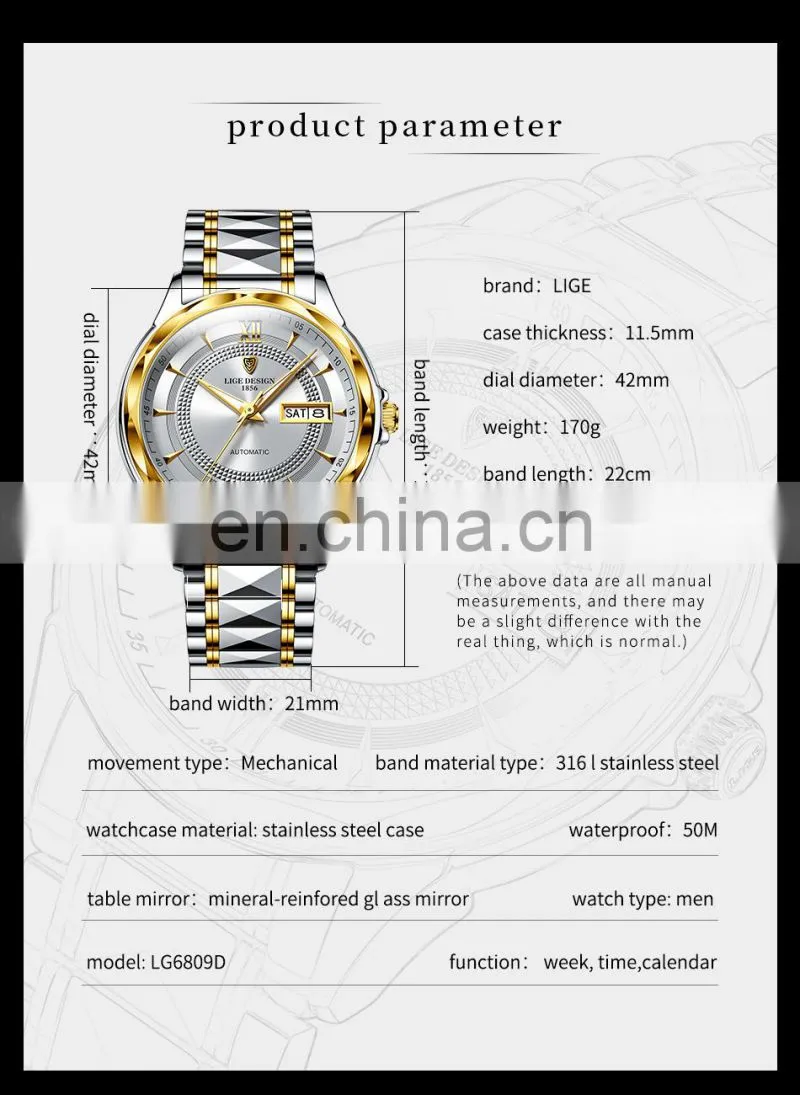 LIGE 6809 Mens Automatic Mechanical Watches 100m Waterproof Date Clock Diving Wristwatch Stainless Steel Watch