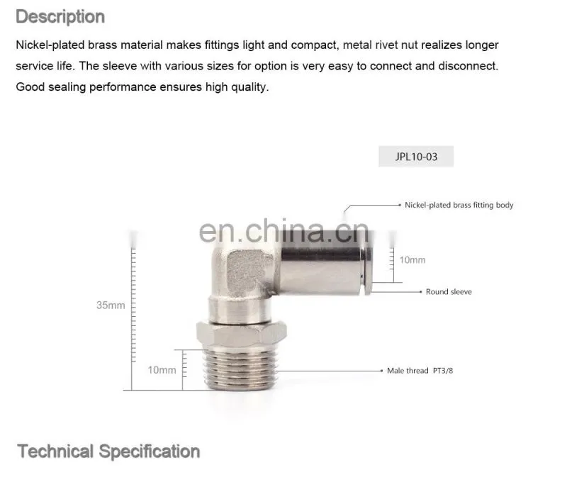 SNS JPL Series nickel plated brass male elbow push to connect pneumatic tube fitting air hose connector