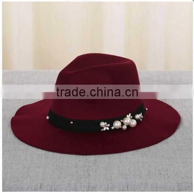Custom Female Fedora Hat Ribbon beads imitation wool Hat Wide-brimmed For autumn Winter