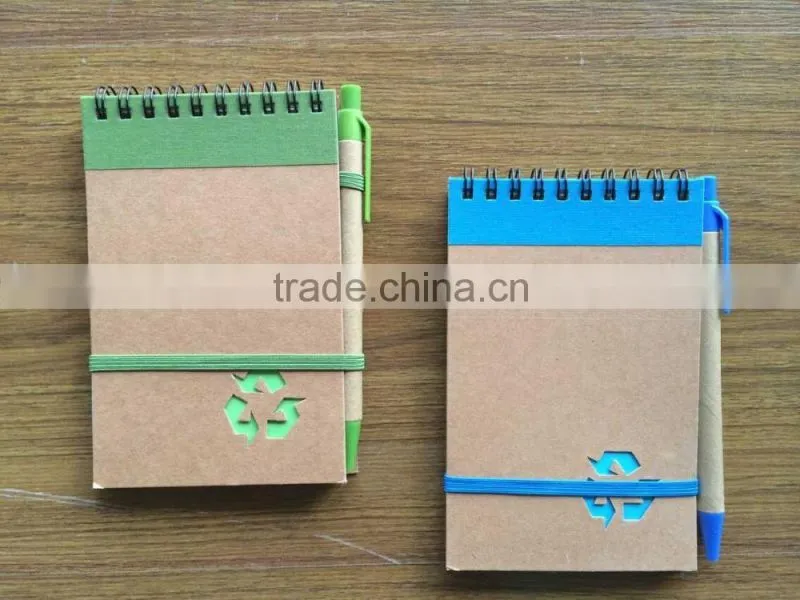 Promotion cheap and popular 140x90mm recycle notebook with pen attached