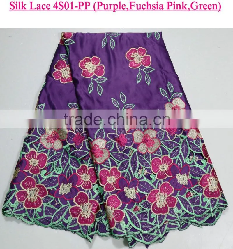 Foshan factory water green big flowers embroidery korea silk lace fabrics on sale