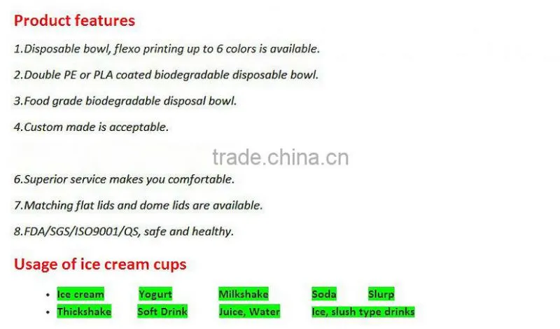 2015 Factory Price Custom Printed PLA Ice Cream Cup With Spoon Lids Frozen Yogurt Paper Cups
