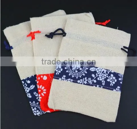 Fashion spliced jute drawstring bag china factory
