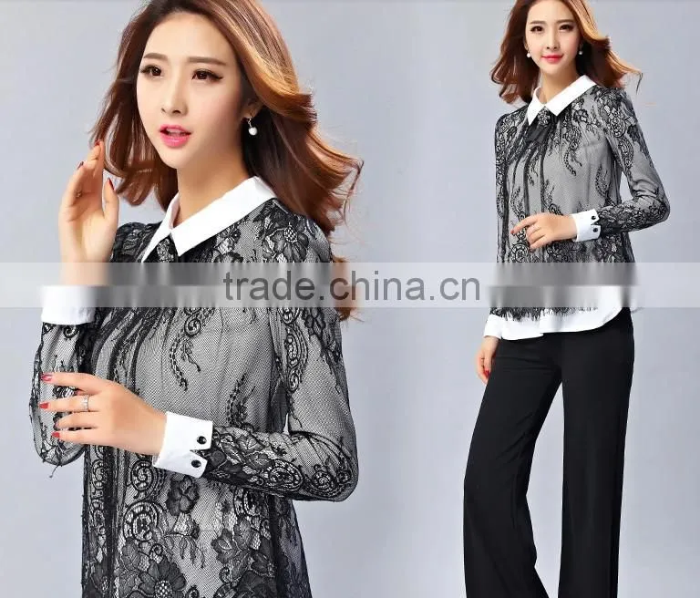 New design 2014 elegant long sleeve POLO collar lace lady shirt