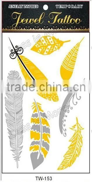 2015 metallic flash golden custom feather temporary tattoos