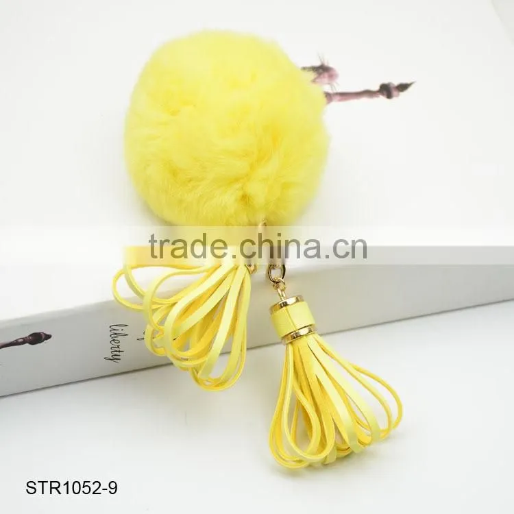 New Leather Tassel Fur Keychain Real Rabbit Fur Pom Pom Key Chain