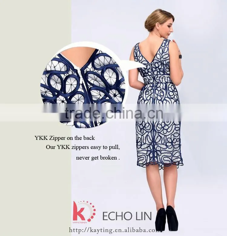 Sleeveless knee-length V-neck blue lace alibaba dresses