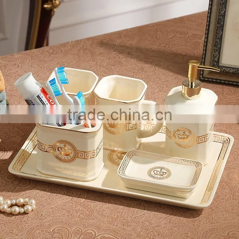 Royal Elegant European Style Golden Ceramic Bathroom Accessory Set in 6 Pcs, Classic Bathroom Set Cup, Dispenser BF12-03254c