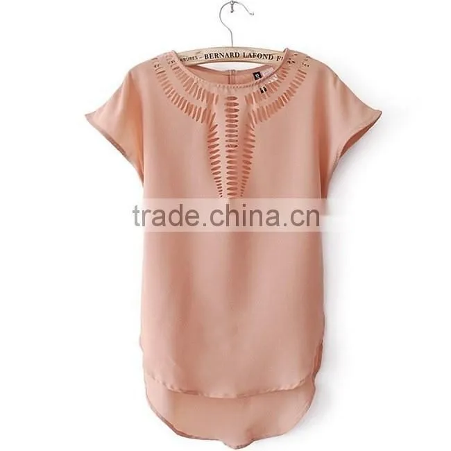 NEW 2015 summer Women's Clothing Blouses Shirts Chiffon Front Hollow Out Vintage Short Batwing Sleeve Shirt Top 6 Colors