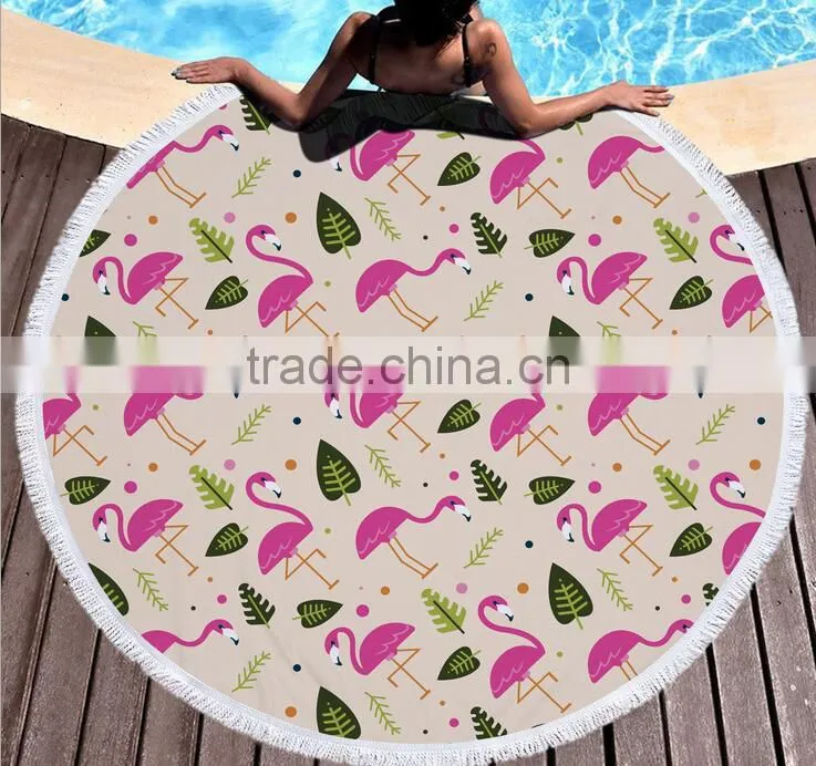 Factory direct sell flamingo round beach towel superfine fiber and tassel 150CM