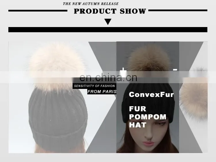 Wholesale mens knitted plain beanie hat with fur pom pom