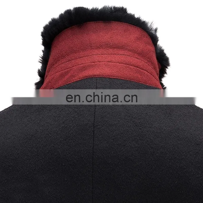 European Style of Men's Wool Blend Coat Slim Fit Double Breasted Middle Long Fashion Winter mens with wool collar