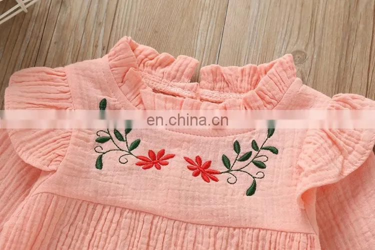 Wholesale Fashion Romper Full Sleeve Ruffle Flower Embroidery Baby Linen Romper