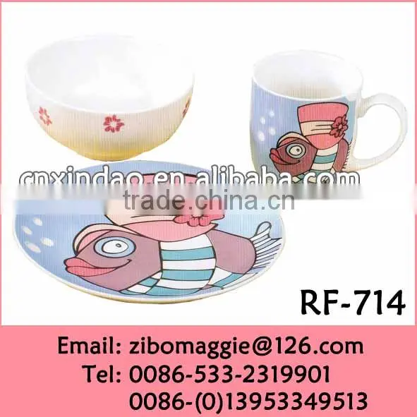 White Porcelain 3pcs Breakfast Set with Cartoon Design for Porcelain Children Tableware