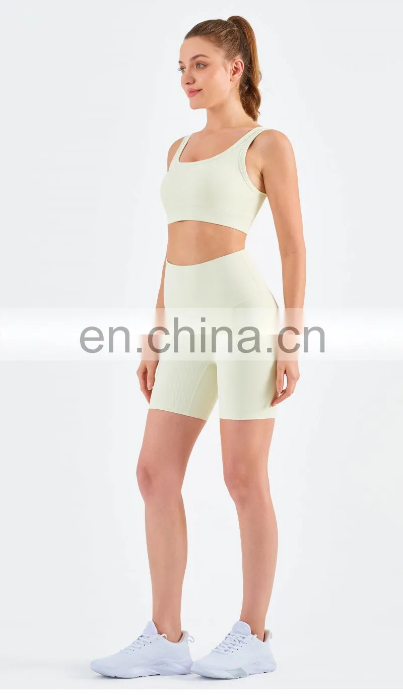 Athletic Ribbed Yoga Fitness Women Square Neckline Sports Bra Biker Shorts Set Gym