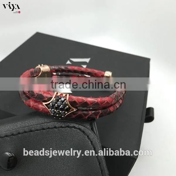2016 New Custom Men Double Leather Stingray Rose gold Black Stone Bracelet
