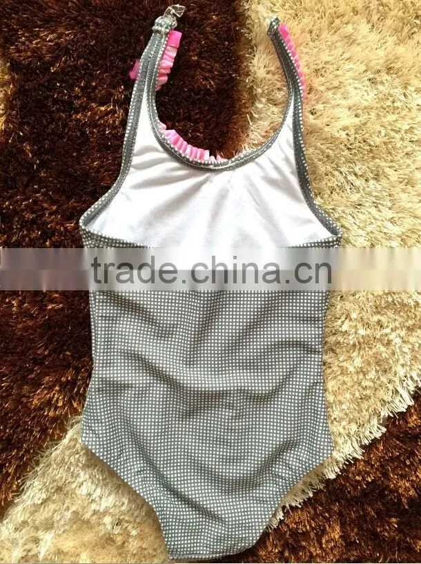 one piece kids swimsuit made of cute gray plaids fabrics,baby swimwear