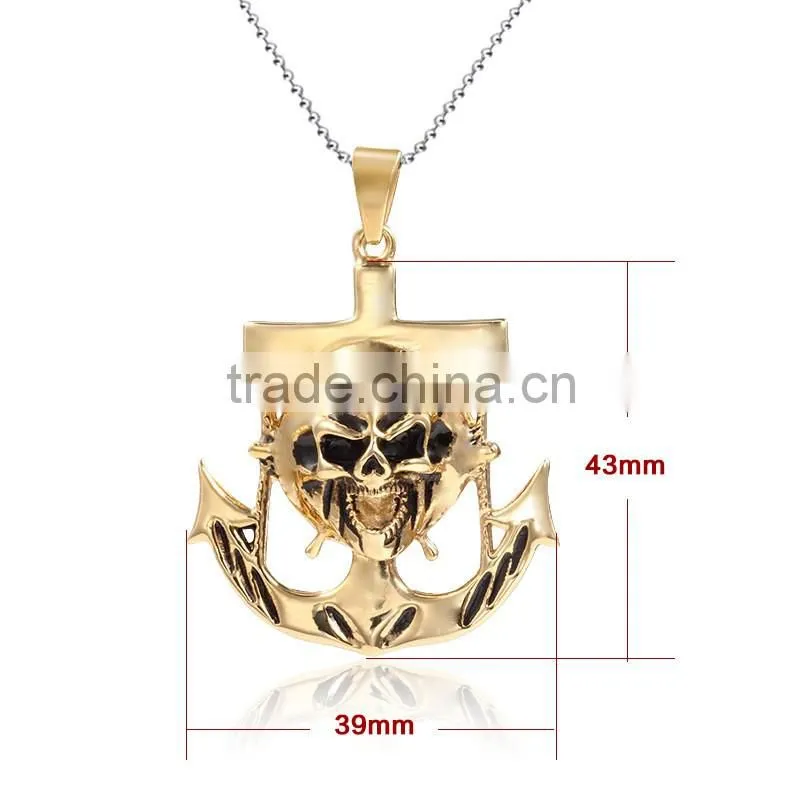 Titanium Stainless Steel Vintage Mens Punk Gold Skull Head Anchor Charm Necklace Pendant