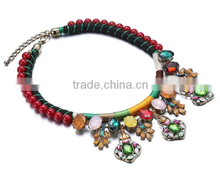 Handmade necklace rope chain colorful crystal pendantethnic necklace 2015 luxury crystal inlaid bijoux femme NL13562