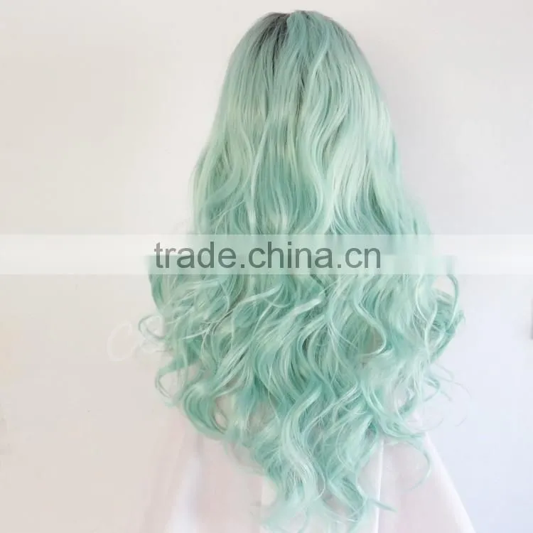 lace front black green ombre wig long wavy curly high temperature synthetic wig