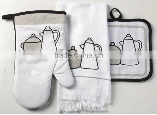 3 pcs silk screen print cotton kitchen towel set oven mitten set