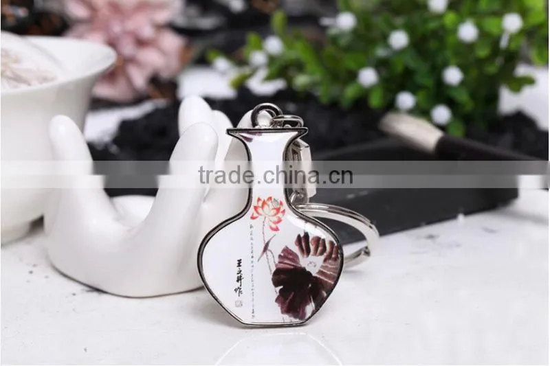 Custom metal hard enamel keychain /blue and white porcelain key chain/Back polishing/gifts