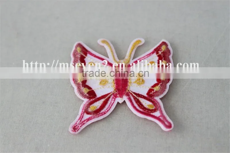 fancy design 7*8cm cotton embrodidery trim patch in pink butterfly design for garment