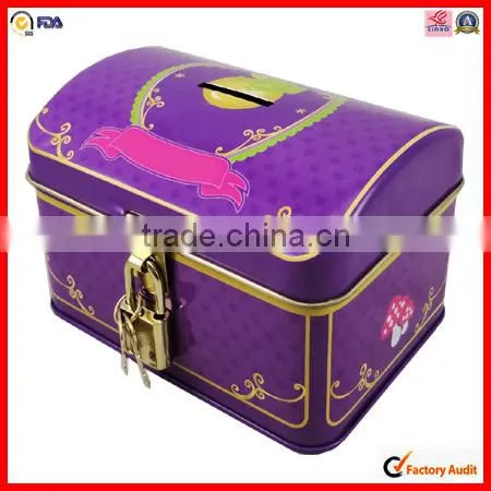 rectangle with lock money saving metal tin box
