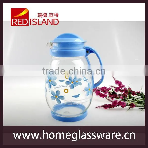 decal glass water pot with plastic handle&lip